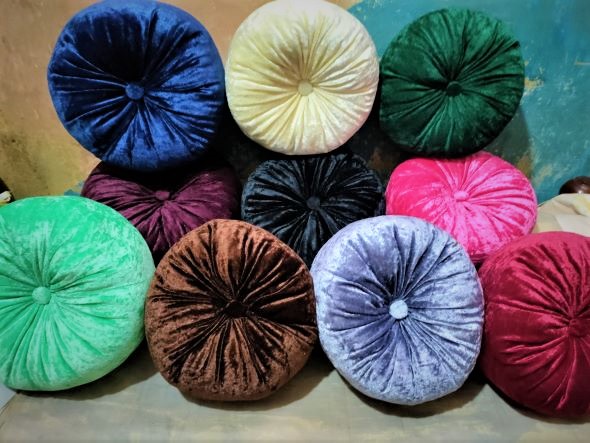 Round Velvet Throw Pillow, Decorative Pleated Pillow, Tufted Velvet Cushion, Round Accent Pillow.