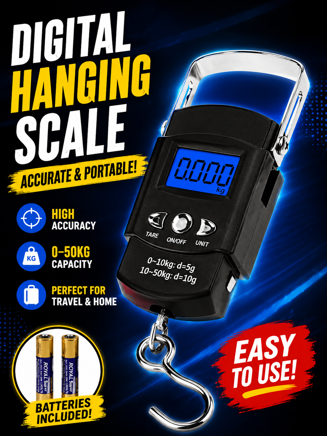 Digital hanging scale, portable luggage scale, 50kg electronic scale, travel weight scale.